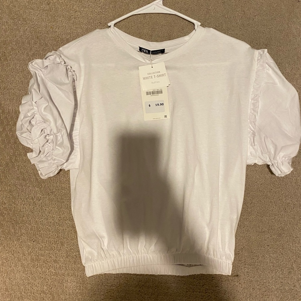 Zara white crop t shirt with puffy sleeves